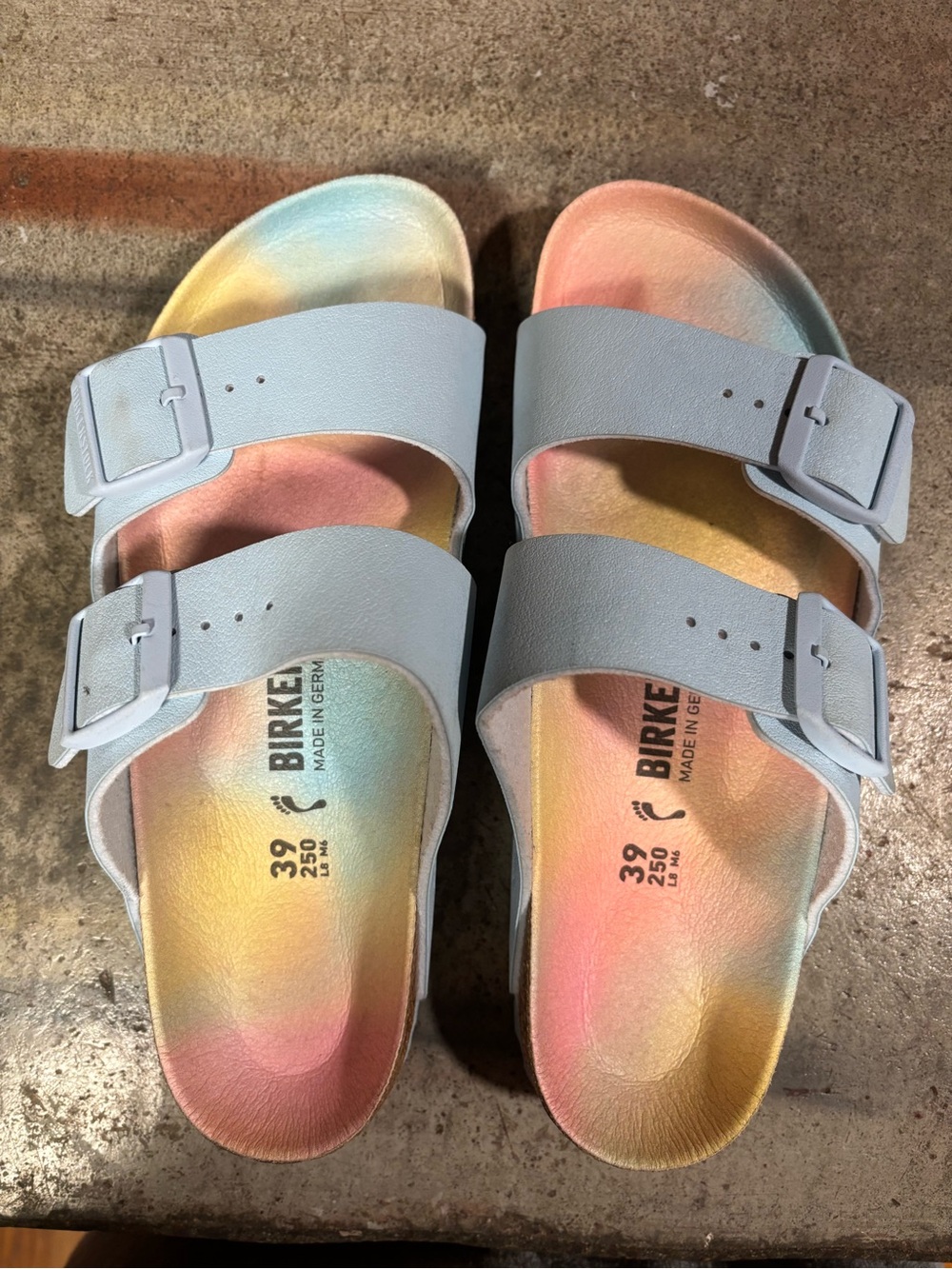 Birkenstock women’s Two-Strap Sandals in Light Blue with Rainbow Footbed